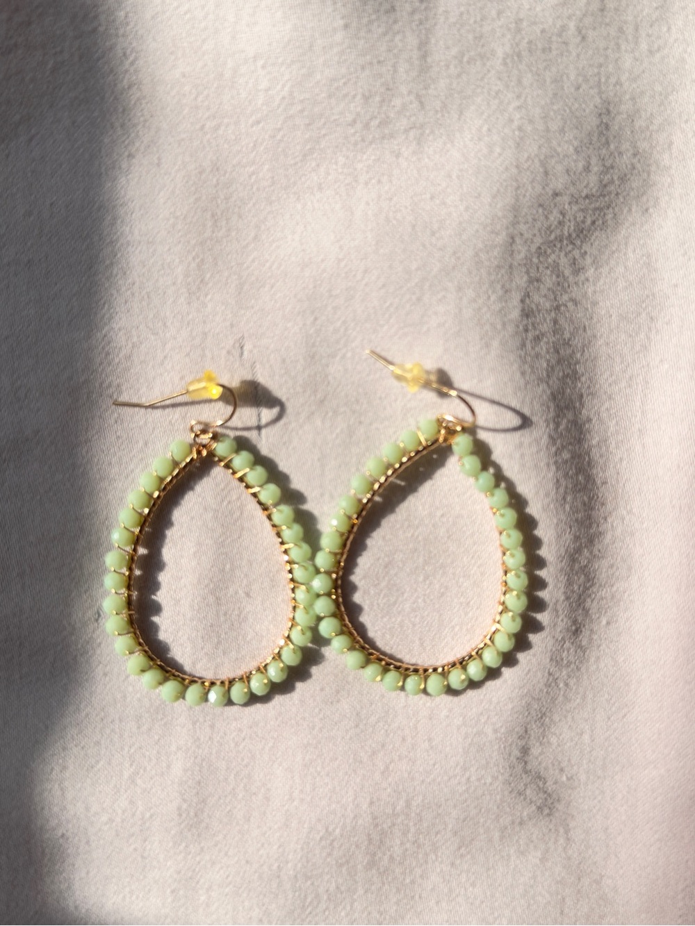 Gold Teardrop Hoop Earrings with Mint Green Beads